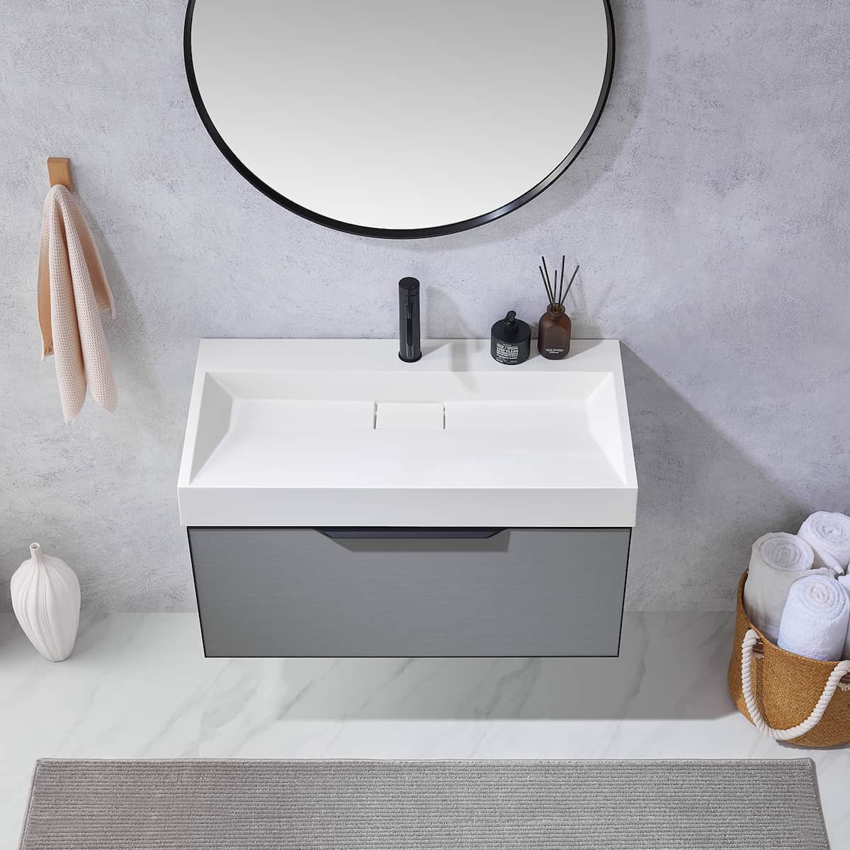 Vinnova Vegadeo 36 Inch Wall Mount Single Sink Bath Vanity in Elegant Grey Finish with White One-Piece Composite Stone Sink Top With Mirror Sink 703436-MG-WH