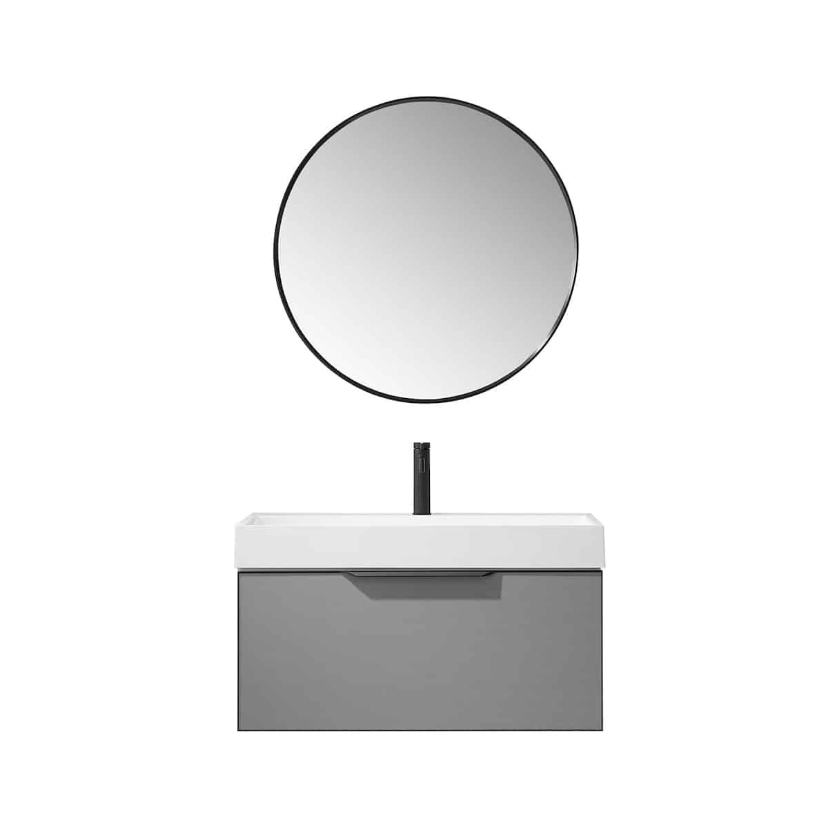Vinnova Vegadeo 36 Inch Wall Mount Single Sink Bath Vanity in Elegant Grey Finish with White One-Piece Composite Stone Sink Top With Mirror 703436-MG-WH
