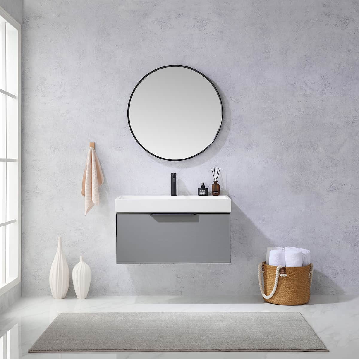 Vinnova Vegadeo 36 Inch Wall Mount Single Sink Bath Vanity in Elegant Grey Finish with White One-Piece Composite Stone Sink Top With Mirror in Bathroom 703436-MG-WH