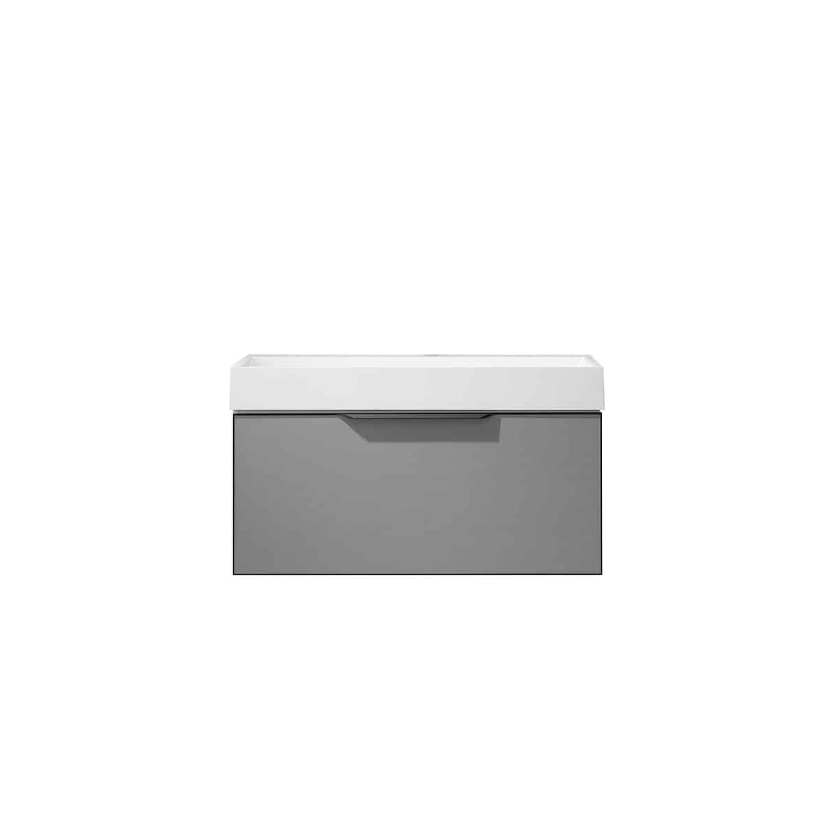 Vinnova Vegadeo 36 Inch Wall Mount Single Sink Bath Vanity in Elegant Grey Finish with White One-Piece Composite Stone Sink Top Without Mirror 703436-MG-WH-NM