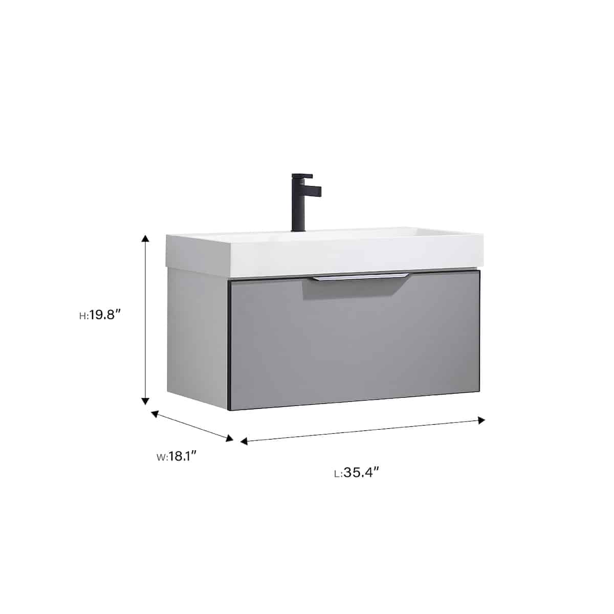 Vinnova Vegadeo 36 Inch Wall Mount Single Sink Bath Vanity in Elegant Grey Finish with White One-Piece Composite Stone Sink Top Without Mirror Dimensions 703436-MG-WH-NM