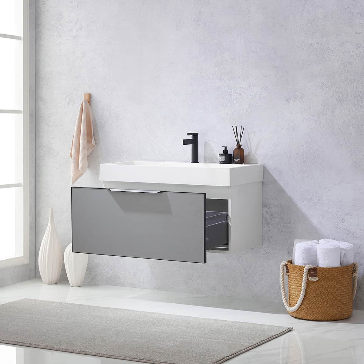 Vinnova Vegadeo 36 Inch Wall Mount Single Sink Bath Vanity in Elegant Grey Finish with White One-Piece Composite Stone Sink Top Without Mirror Drawer 703436-MG-WH-NM