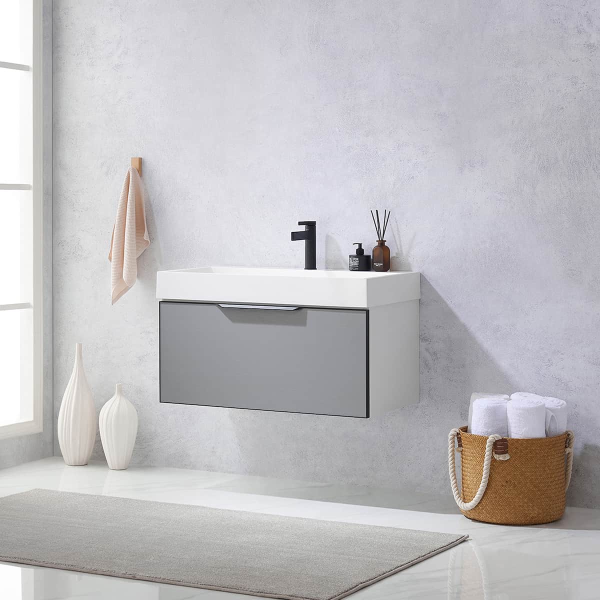 Vinnova Vegadeo 36 Inch Wall Mount Single Sink Bath Vanity in Elegant Grey Finish with White One-Piece Composite Stone Sink Top Without Mirror Side 703436-MG-WH-NM