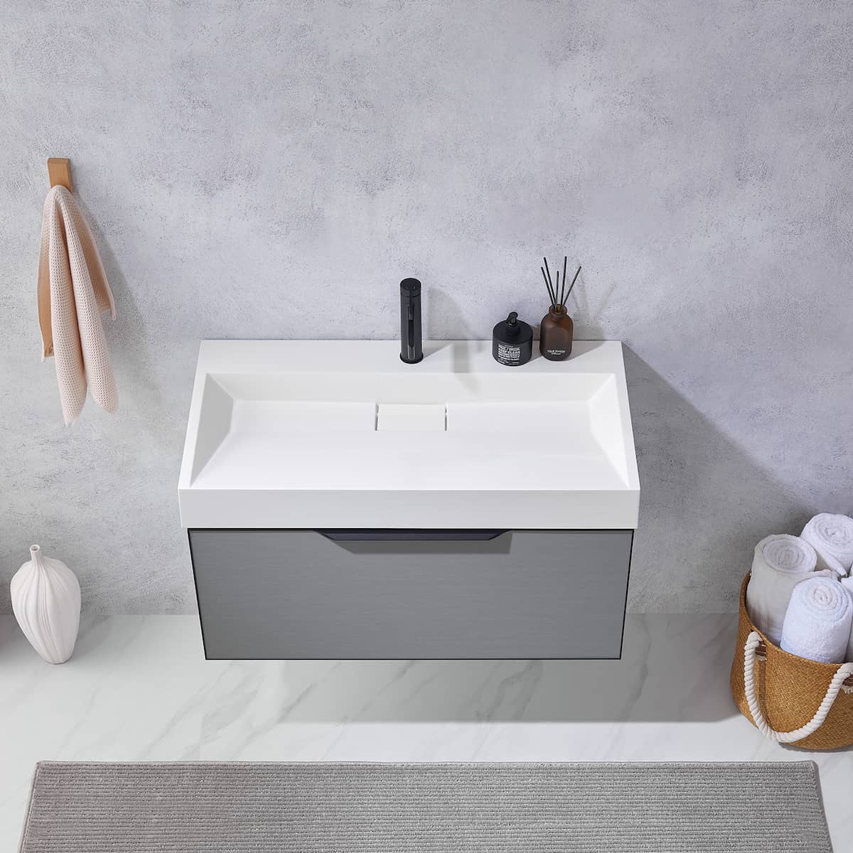 Vinnova Vegadeo 36 Inch Wall Mount Single Sink Bath Vanity in Elegant Grey Finish with White One-Piece Composite Stone Sink Top Without Mirror Sink 703436-MG-WH-NM
