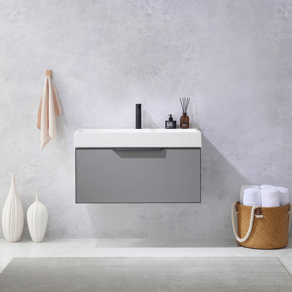 Vinnova Vegadeo 36 Inch Wall Mount Single Sink Bath Vanity in Elegant Grey Finish with White One-Piece Composite Stone Sink Top Without Mirror in Bathroom 703436-MG-WH-NM