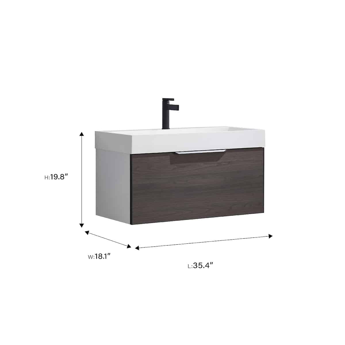 Vinnova Vegadeo 36 Inch Wall Mount Single Sink Bath Vanity in Suleiman Oak Finish with White One-Piece Composite Stone Sink Top With Mirror Dimensions 703436-SO-WH