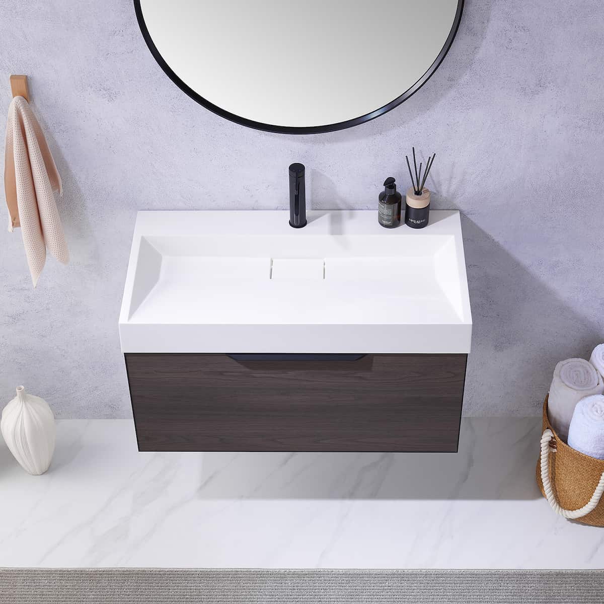 Vinnova Vegadeo 36 Inch Wall Mount Single Sink Bath Vanity in Suleiman Oak Finish with White One-Piece Composite Stone Sink Top With Mirror Sink 703436-SO-WH