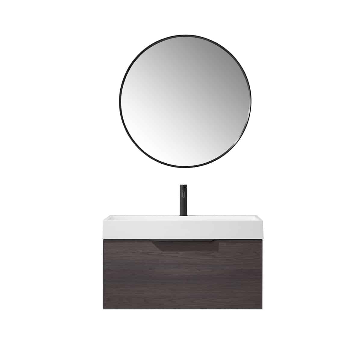 Vinnova Vegadeo 36 Inch Wall Mount Single Sink Bath Vanity in Suleiman Oak Finish with White One-Piece Composite Stone Sink Top With Mirror 703436-SO-WH