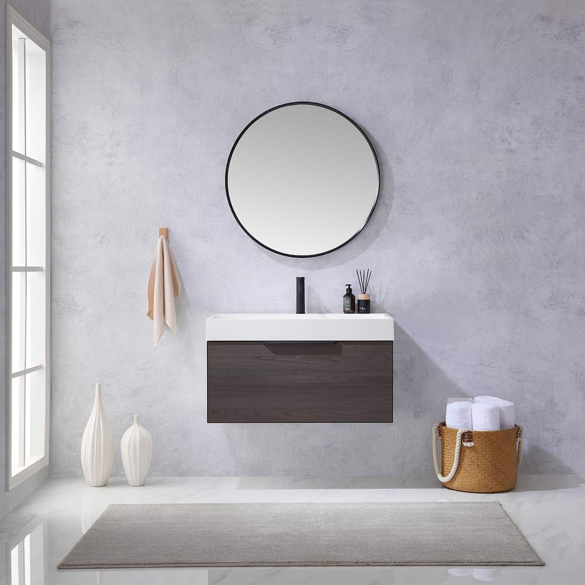 Vinnova Vegadeo 36 Inch Wall Mount Single Sink Bath Vanity in Suleiman Oak Finish with White One-Piece Composite Stone Sink Top With Mirror in Bathroom 703436-SO-WH