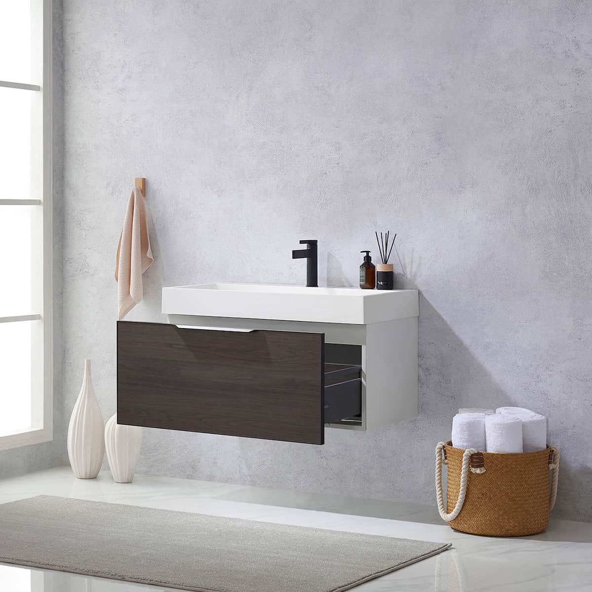 Vinnova Vegadeo 36 Inch Wall Mount Single Sink Bath Vanity in Suleiman Oak Finish with White One-Piece Composite Stone Sink Top Without Mirror Drawer 703436-SO-WH-NM