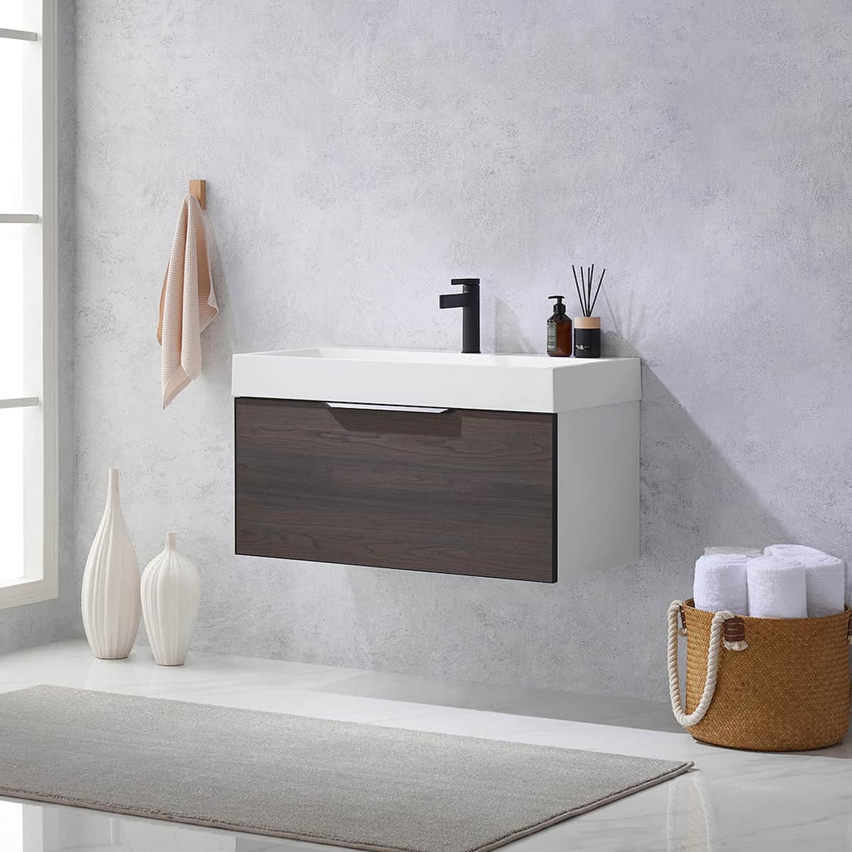 Vinnova Vegadeo 36 Inch Wall Mount Single Sink Bath Vanity in Suleiman Oak Finish with White One-Piece Composite Stone Sink Top Without Mirror Side 703436-SO-WH-NM