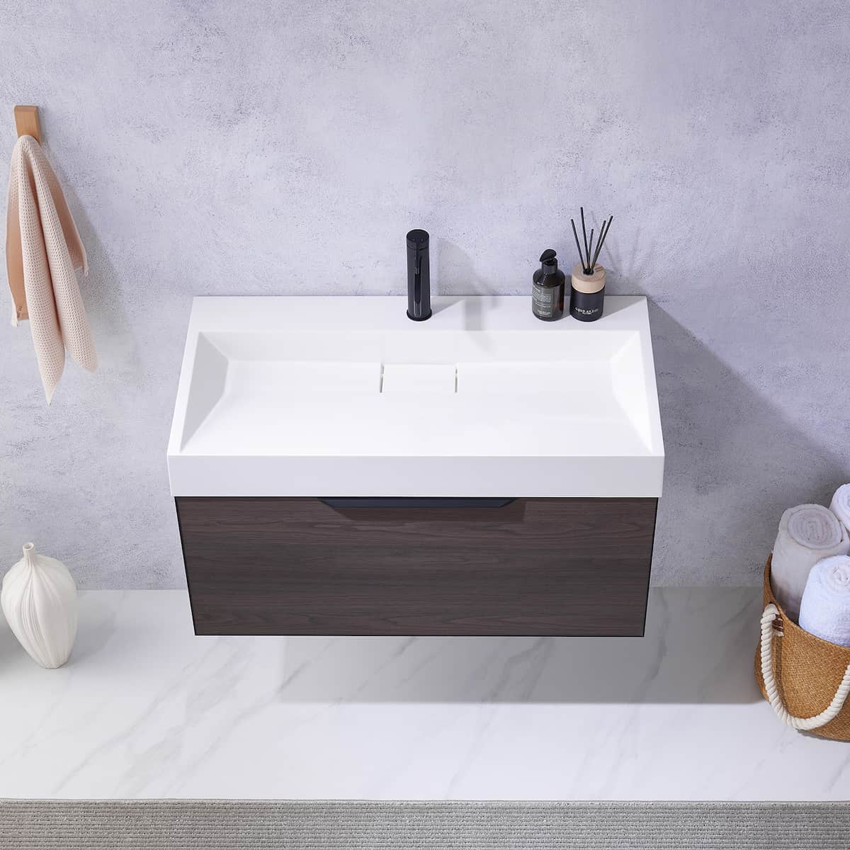 Vinnova Vegadeo 36 Inch Wall Mount Single Sink Bath Vanity in Suleiman Oak Finish with White One-Piece Composite Stone Sink Top Without Mirror Sink 703436-SO-WH-NM