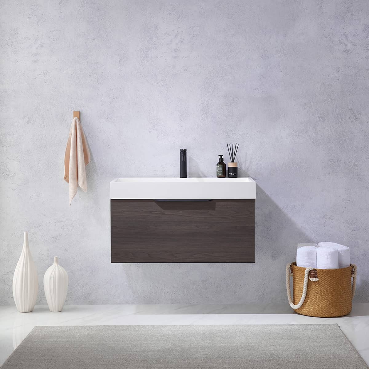 Vinnova Vegadeo 36 Inch Wall Mount Single Sink Bath Vanity in Suleiman Oak Finish with White One-Piece Composite Stone Sink Top Without Mirror in Bathroom 703436-SO-WH-NM