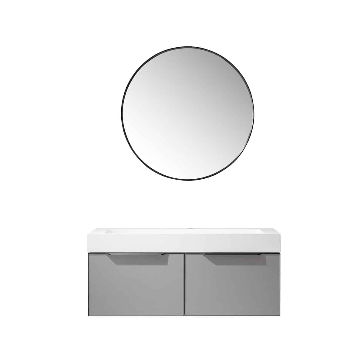 Vinnova Vegadeo 48 Inch Wall Mount Single Sink Bath Vanity in Elegant Grey Finish with White One-Piece Composite Stone Sink Top With Mirror 703448-MG-WH
