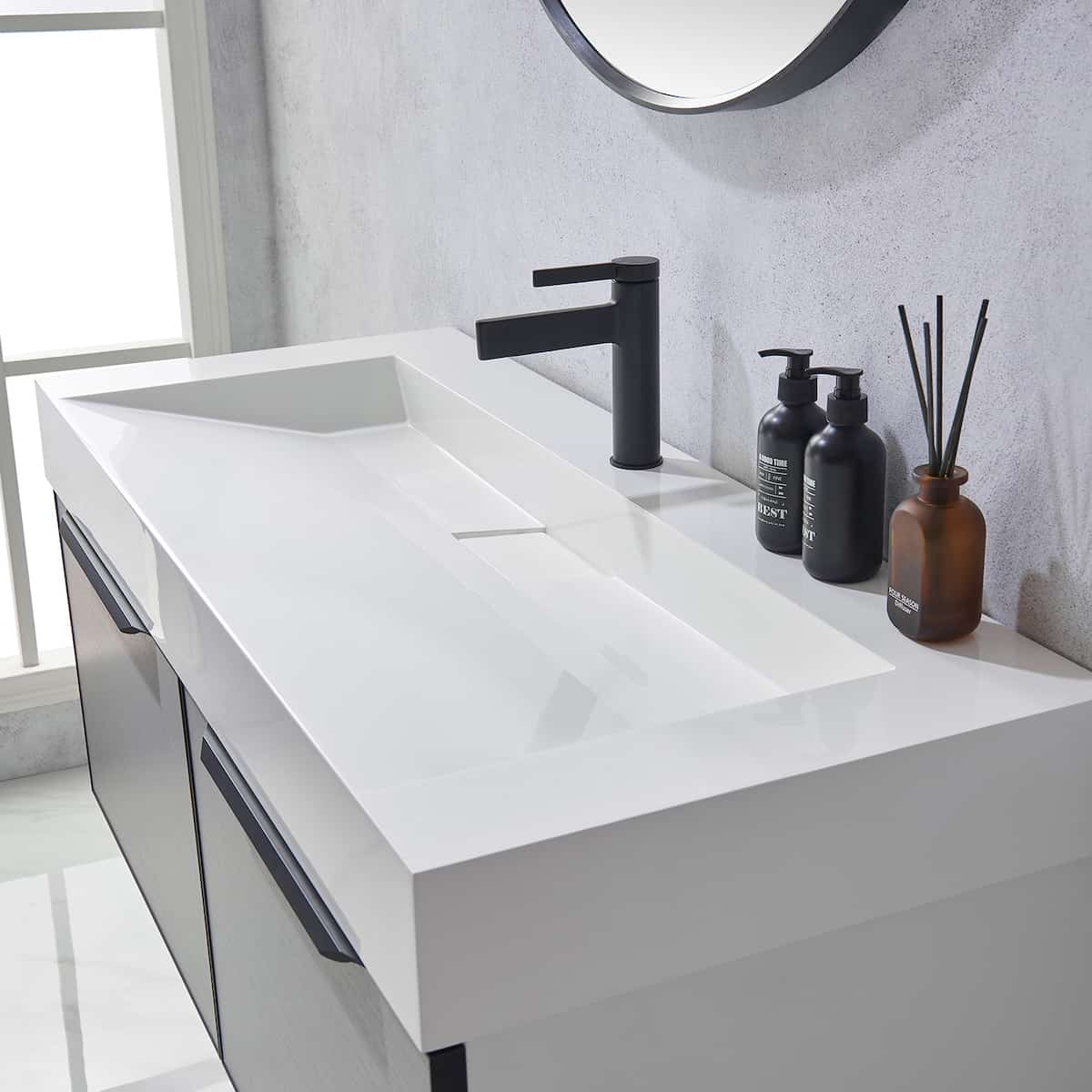 Vinnova Vegadeo 48 Inch Wall Mount Single Sink Bath Vanity in Elegant Grey Finish with White One-Piece Composite Stone Sink Top With Mirror Counter 703448-MG-WH
