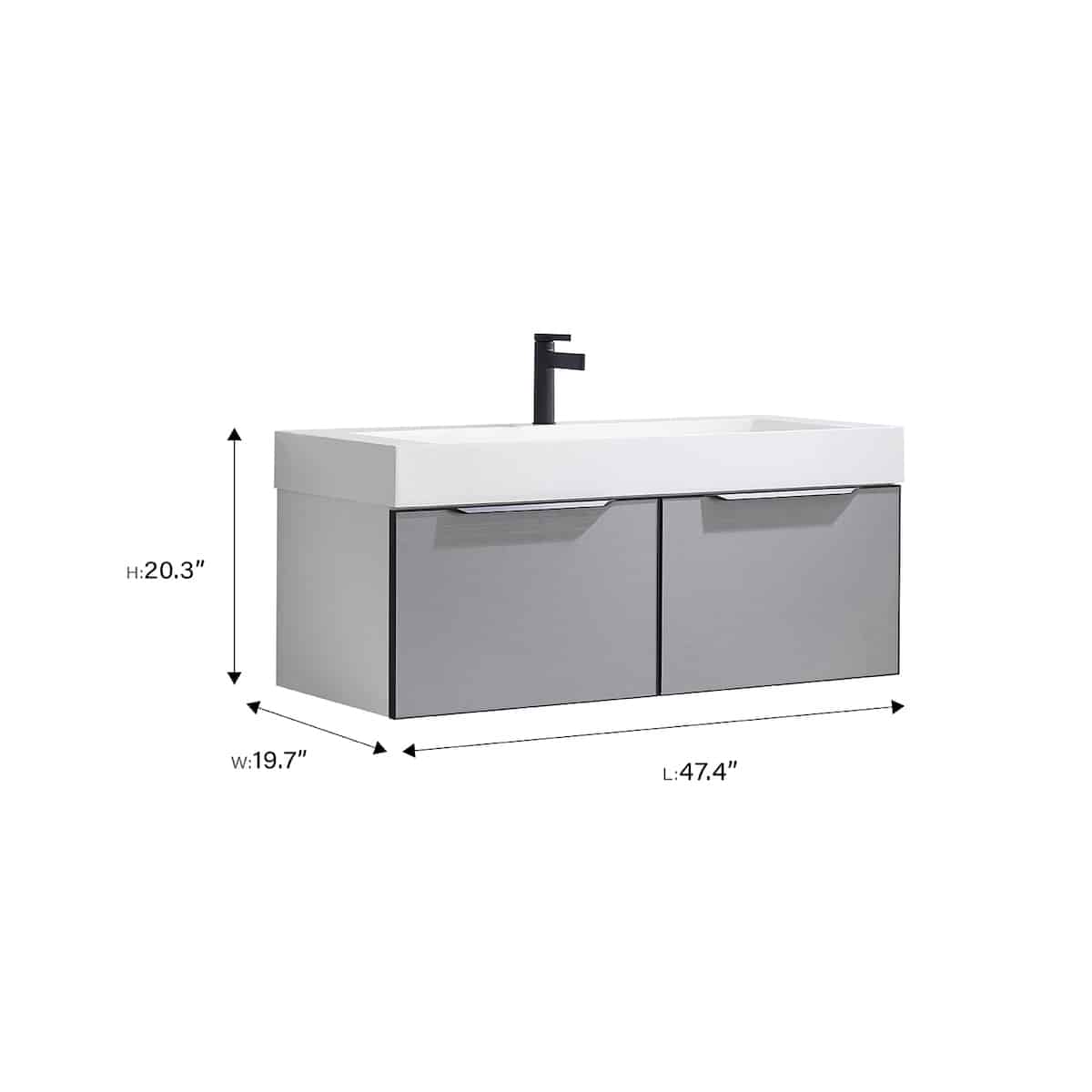 Vinnova Vegadeo 48 Inch Wall Mount Single Sink Bath Vanity in Elegant Grey Finish with White One-Piece Composite Stone Sink Top With Mirror Dimensions 703448-MG-WH