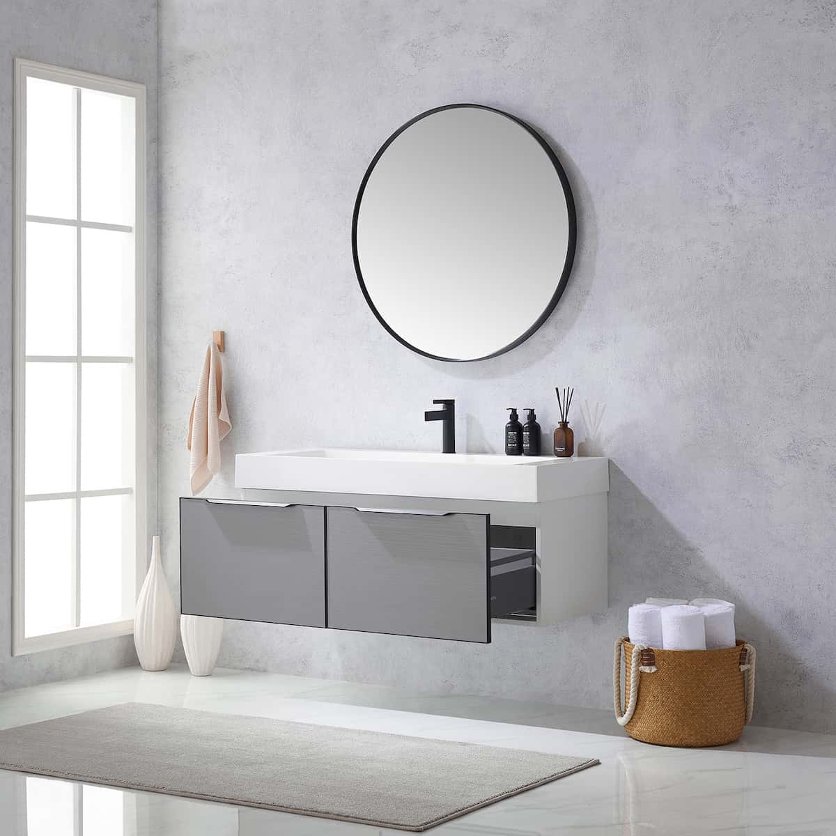 Vinnova Vegadeo 48 Inch Wall Mount Single Sink Bath Vanity in Elegant Grey Finish with White One-Piece Composite Stone Sink Top With Mirror Drawers 703448-MG-WH