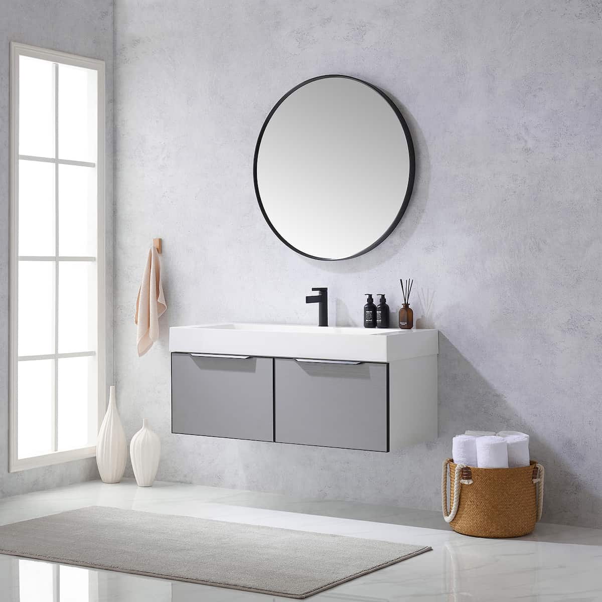 Vinnova Vegadeo 48 Inch Wall Mount Single Sink Bath Vanity in Elegant Grey Finish with White One-Piece Composite Stone Sink Top With Mirror Side 703448-MG-WH