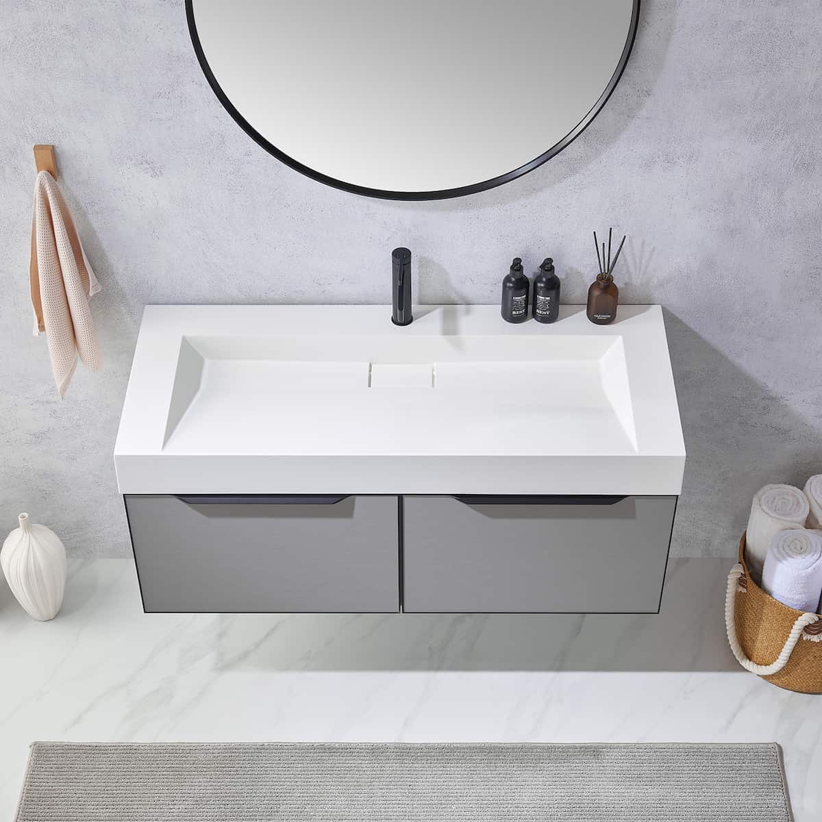 Vinnova Vegadeo 48 Inch Wall Mount Single Sink Bath Vanity in Elegant Grey Finish with White One-Piece Composite Stone Sink Top With Mirror Sink 703448-MG-WH