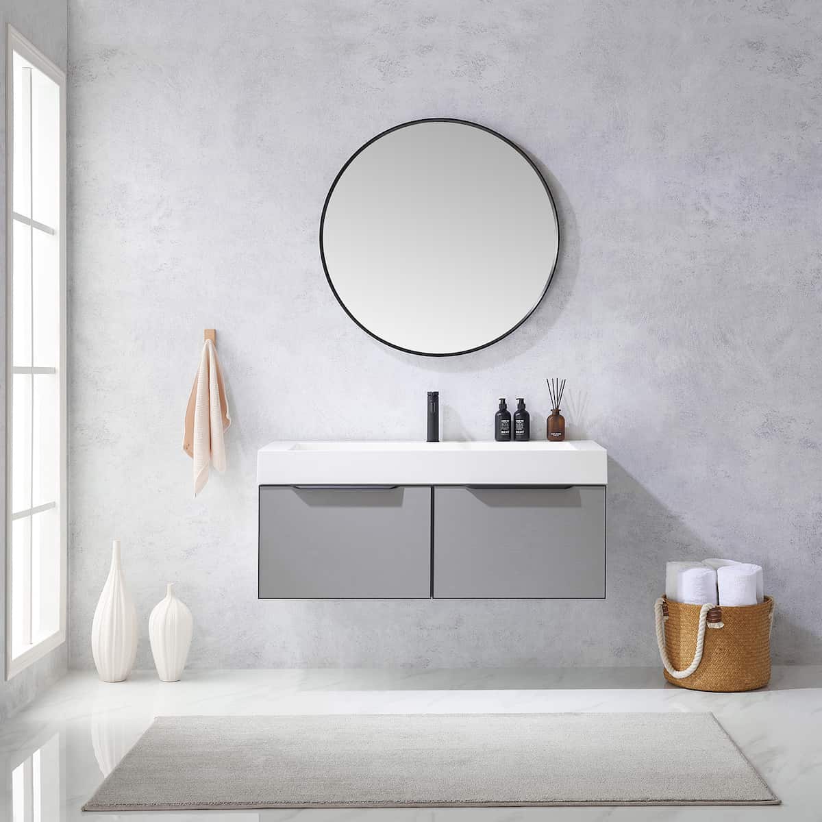 Vinnova Vegadeo 48 Inch Wall Mount Single Sink Bath Vanity in Elegant Grey Finish with White One-Piece Composite Stone Sink Top With Mirror in Bathroom 703448-MG-WH