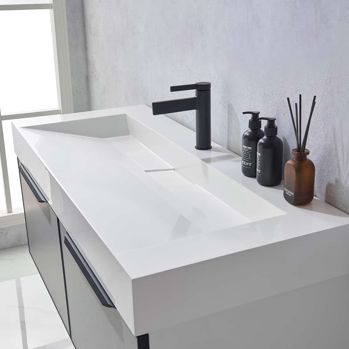 Vinnova Vegadeo 48 Inch Wall Mount Single Sink Bath Vanity in Elegant Grey Finish with White One-Piece Composite Stone Sink Top Without Mirror Counter 703448-MG-WH-NM