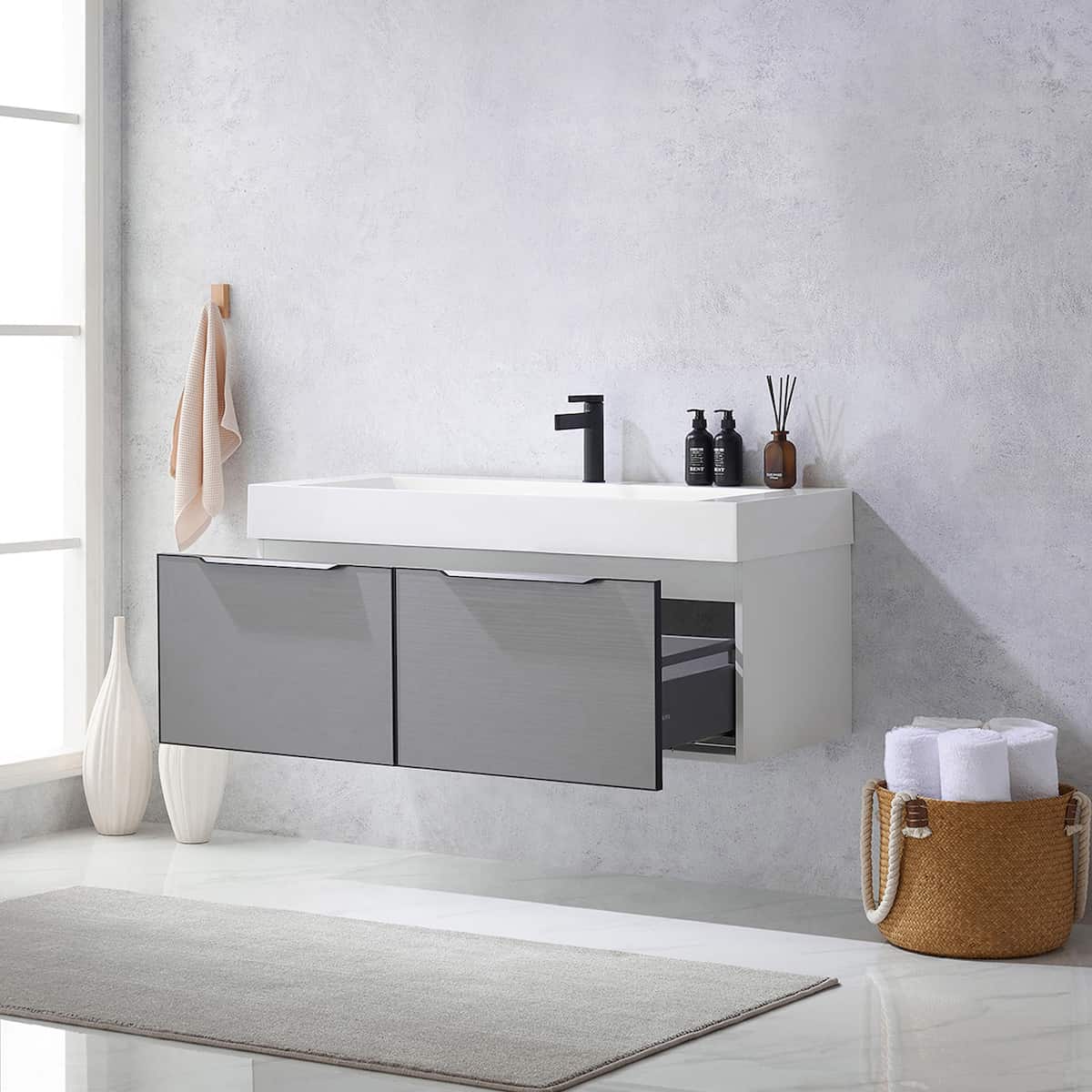 Vinnova Vegadeo 48 Inch Wall Mount Single Sink Bath Vanity in Elegant Grey Finish with White One-Piece Composite Stone Sink Top Without Mirror Drawers 703448-MG-WH-NM