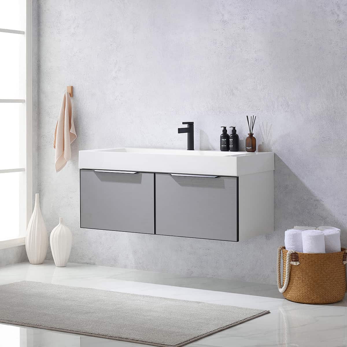 Vinnova Vegadeo 48 Inch Wall Mount Single Sink Bath Vanity in Elegant Grey Finish with White One-Piece Composite Stone Sink Top Without Mirror Side 703448-MG-WH-NM