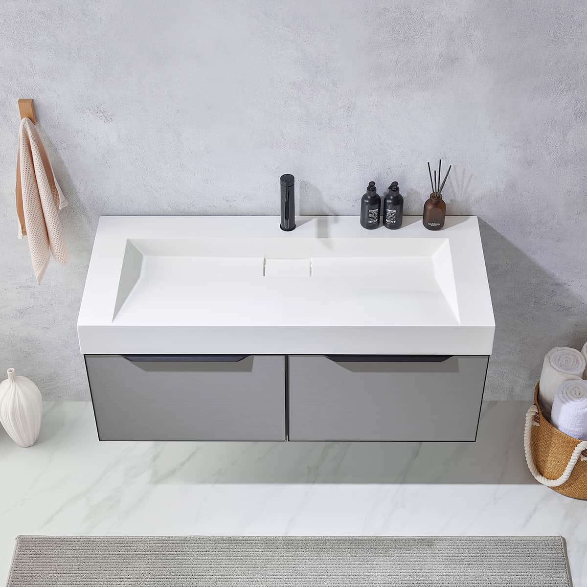 Vinnova Vegadeo 48 Inch Wall Mount Single Sink Bath Vanity in Elegant Grey Finish with White One-Piece Composite Stone Sink Top Without Mirror Sink 703448-MG-WH-NM