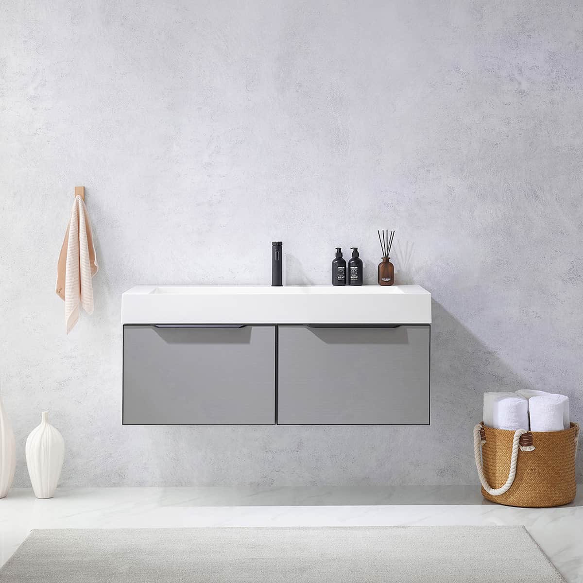 Vinnova Vegadeo 48 Inch Wall Mount Single Sink Bath Vanity in Elegant Grey Finish with White One-Piece Composite Stone Sink Top Without Mirror in Bathroom 703448-MG-WH-NM