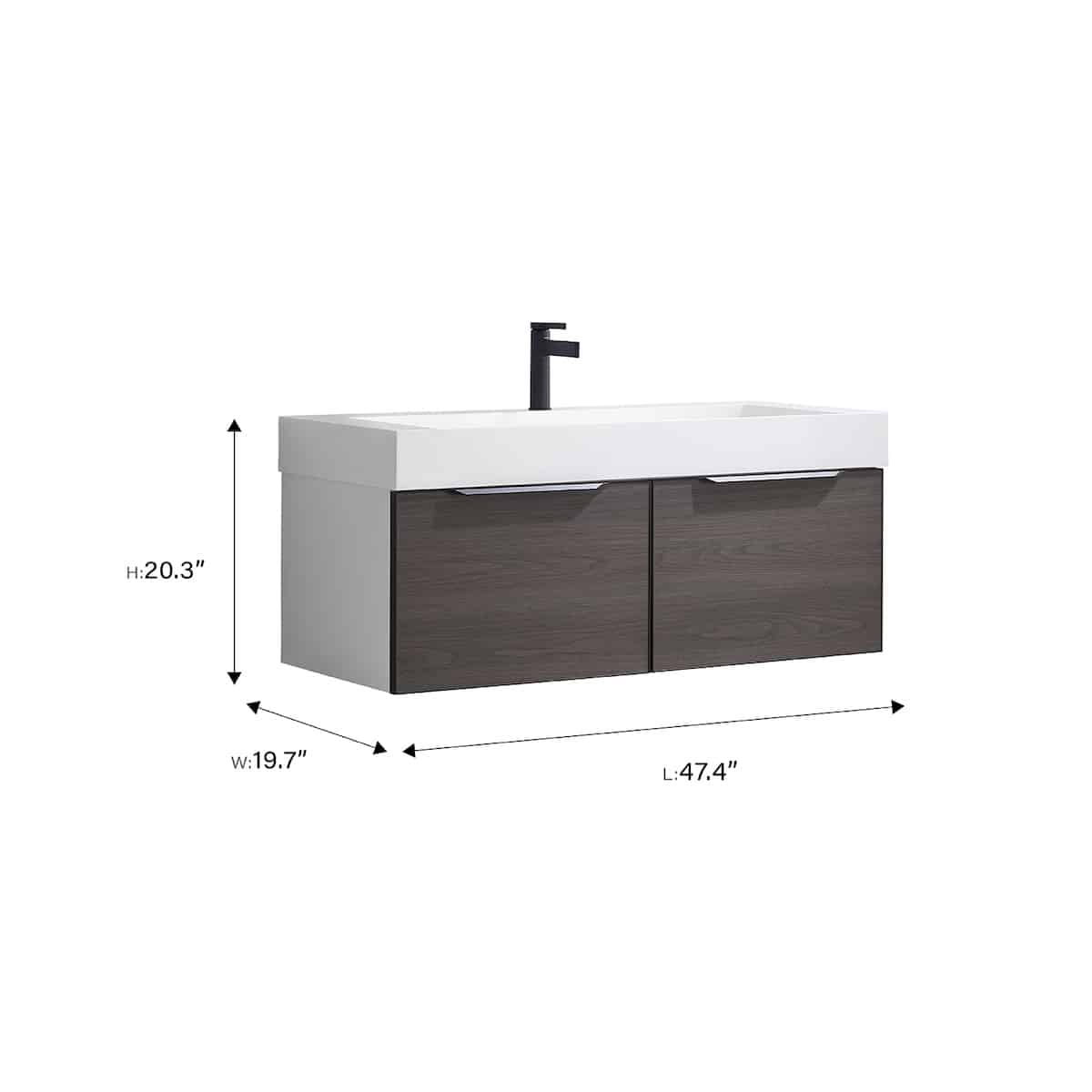 Vinnova Vegadeo 48 Inch Wall Mount Single Sink Bath Vanity in Suleiman Oak Finish with White One-Piece Composite Stone Sink Top With Mirror Dimensions 703448-SO-WH