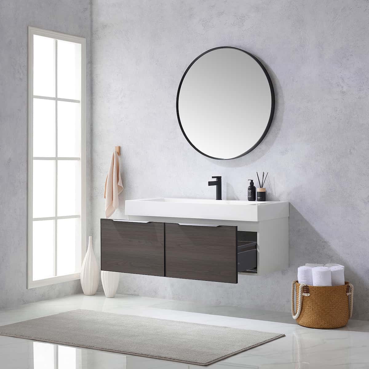 Vinnova Vegadeo 48 Inch Wall Mount Single Sink Bath Vanity in Suleiman Oak Finish with White One-Piece Composite Stone Sink Top With Mirror Drawers 703448-SO-WH