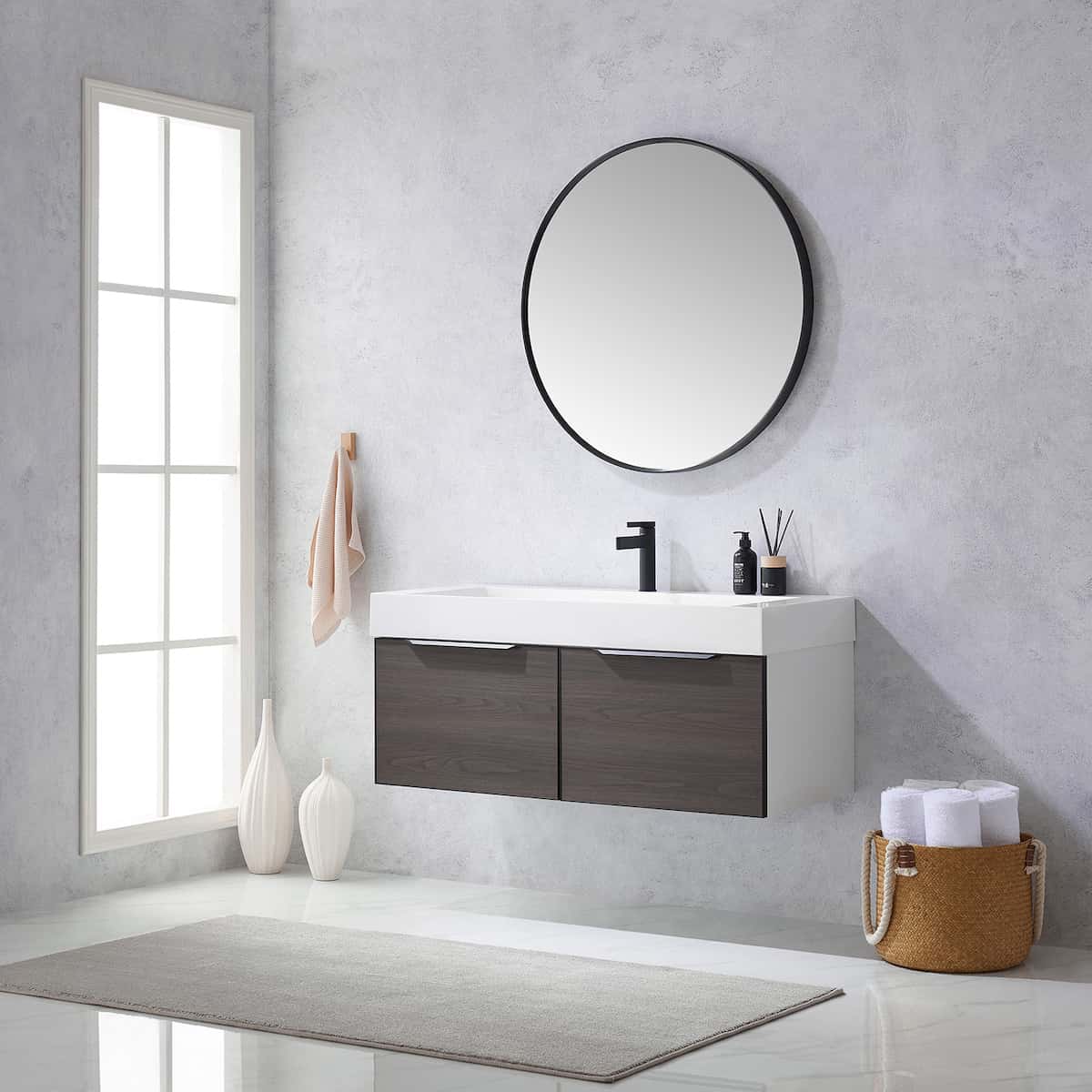 Vinnova Vegadeo 48 Inch Wall Mount Single Sink Bath Vanity in Suleiman Oak Finish with White One-Piece Composite Stone Sink Top With Mirror Side 703448-SO-WH