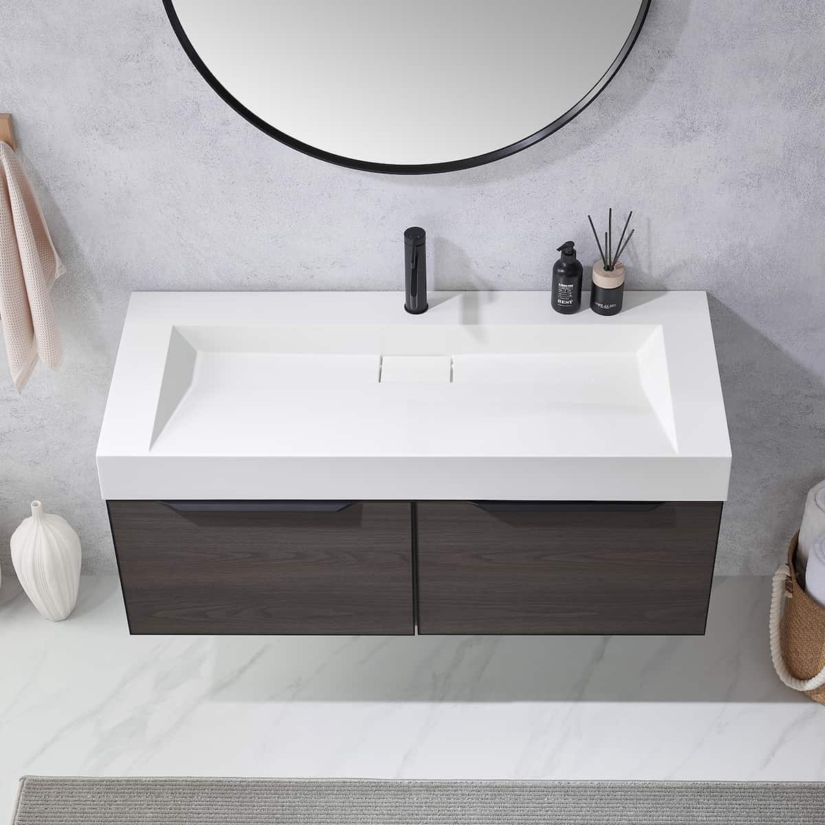 Vinnova Vegadeo 48 Inch Wall Mount Single Sink Bath Vanity in Suleiman Oak Finish with White One-Piece Composite Stone Sink Top With Mirror Sink 703448-SO-WH
