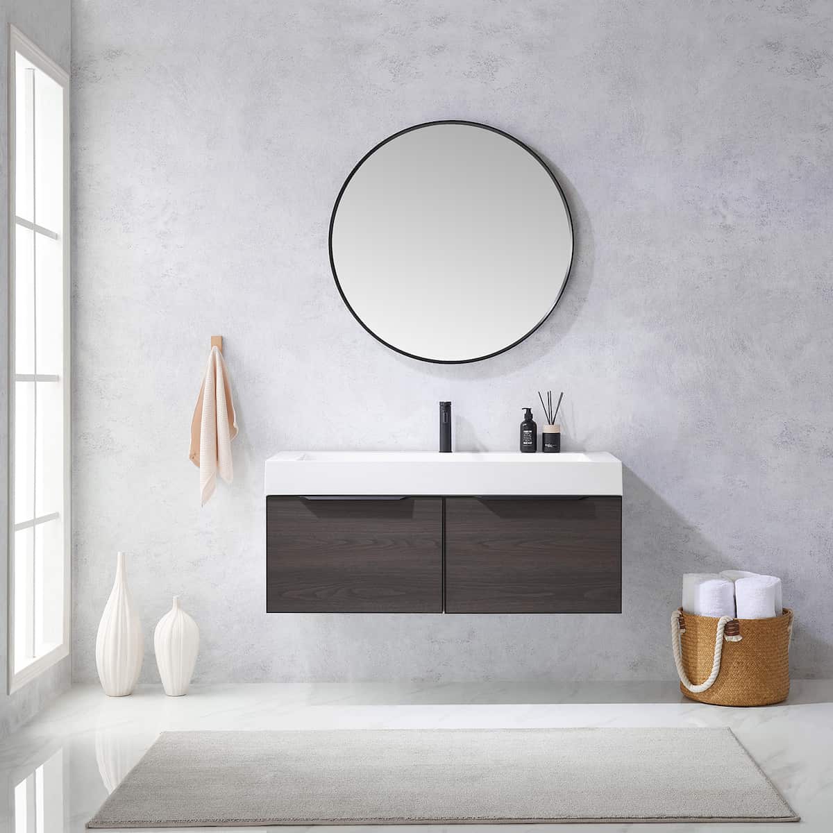 Vinnova Vegadeo 48 Inch Wall Mount Single Sink Bath Vanity in Suleiman Oak Finish with White One-Piece Composite Stone Sink Top With Mirror in Bathroom 703448-SO-WH