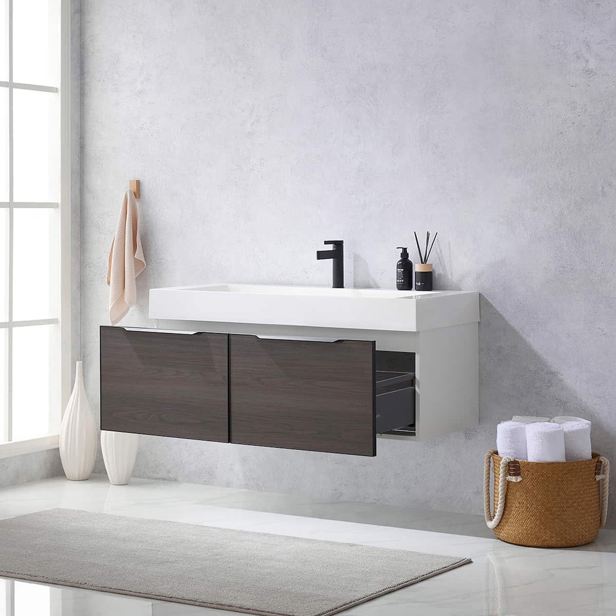 Vinnova Vegadeo 48 Inch Wall Mount Single Sink Bath Vanity in Suleiman Oak Finish with White One-Piece Composite Stone Sink Top Without Mirror Drawers 703448-SO-WH-NM