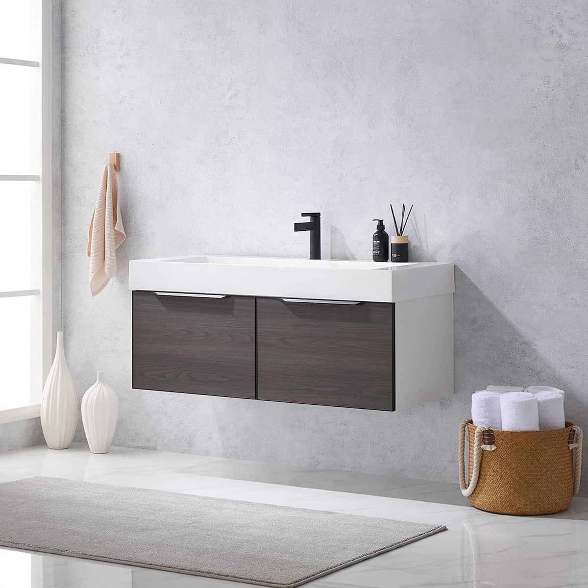 Vinnova Vegadeo 48 Inch Wall Mount Single Sink Bath Vanity in Suleiman Oak Finish with White One-Piece Composite Stone Sink Top Without Mirror Side 703448-SO-WH-NM