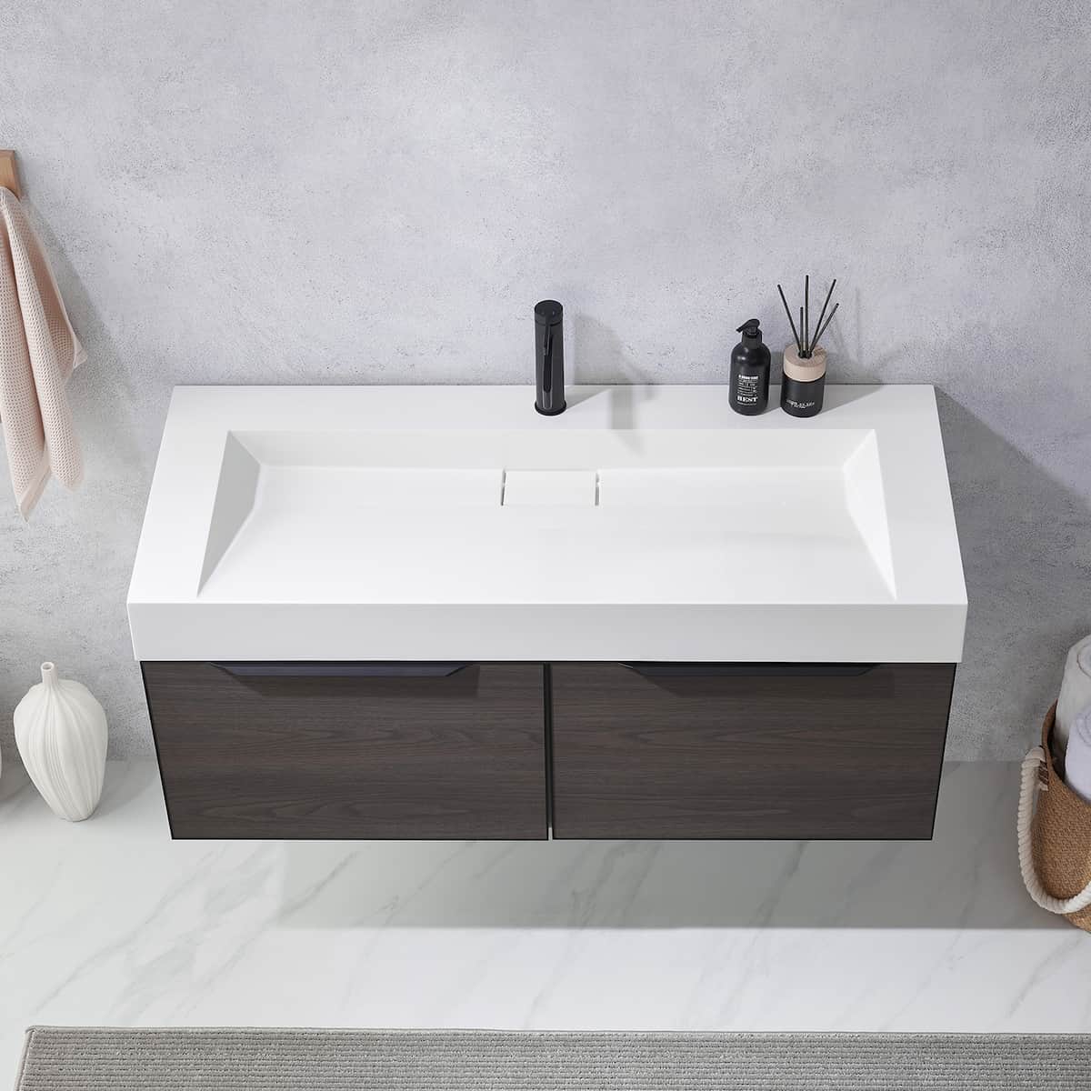 Vinnova Vegadeo 48 Inch Wall Mount Single Sink Bath Vanity in Suleiman Oak Finish with White One-Piece Composite Stone Sink Top Without Mirror Sink 703448-SO-WH-NM