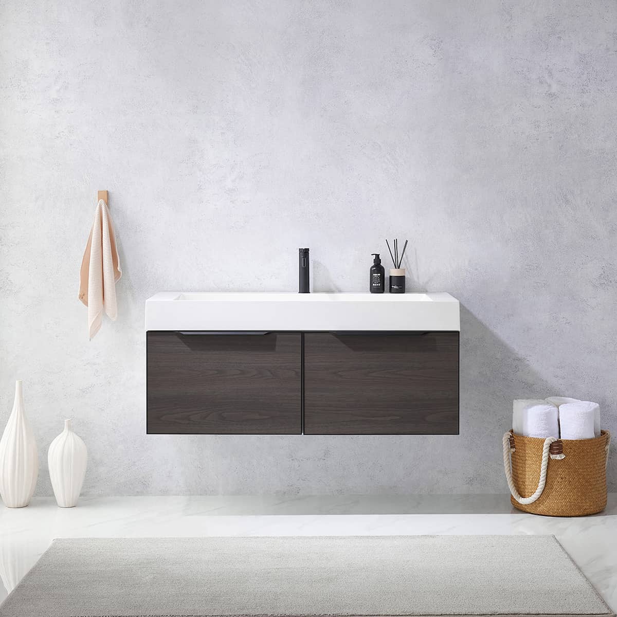 Vinnova Vegadeo 48 Inch Wall Mount Single Sink Bath Vanity in Suleiman Oak Finish with White One-Piece Composite Stone Sink Top Without Mirror in Bathroom 703448-SO-WH-NM