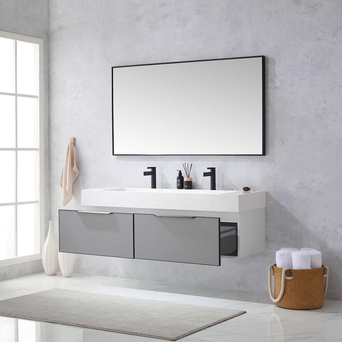 Vinnova Vegadeo 60 Inch Wall Mount Double Sink Bath Vanity in Elegant Grey Finish with White One-Piece Composite Stone Sink Top With Mirror Drawers 703460-MG-WH