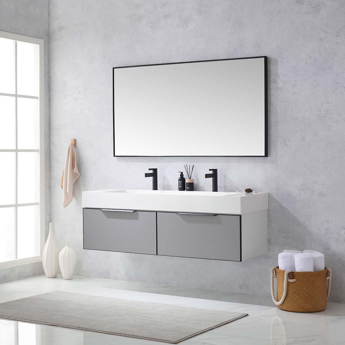 Vinnova Vegadeo 60 Inch Wall Mount Double Sink Bath Vanity in Elegant Grey Finish with White One-Piece Composite Stone Sink Top With Mirror Side 703460-MG-WH