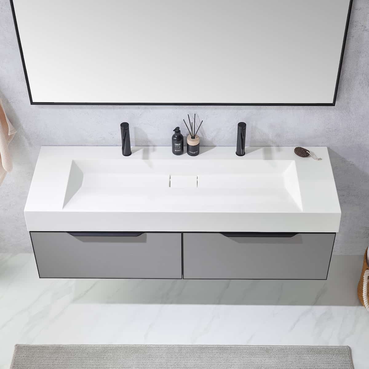 Vinnova Vegadeo 60 Inch Wall Mount Double Sink Bath Vanity in Elegant Grey Finish with White One-Piece Composite Stone Sink Top With Mirror Sink 703460-MG-WH