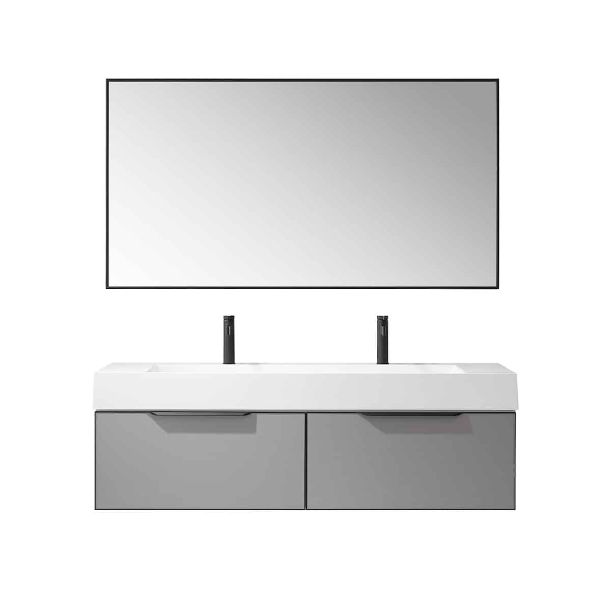Vinnova Vegadeo 60 Inch Wall Mount Double Sink Bath Vanity in Elegant Grey Finish with White One-Piece Composite Stone Sink Top With Mirror 703460-MG-WH