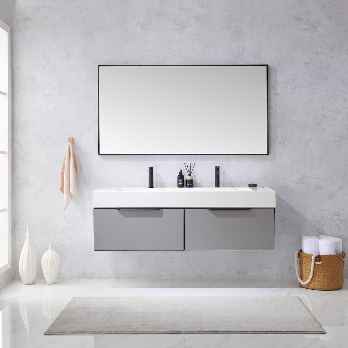Vinnova Vegadeo 60 Inch Wall Mount Double Sink Bath Vanity in Elegant Grey Finish with White One-Piece Composite Stone Sink Top With Mirror in Bathroom 703460-MG-WH