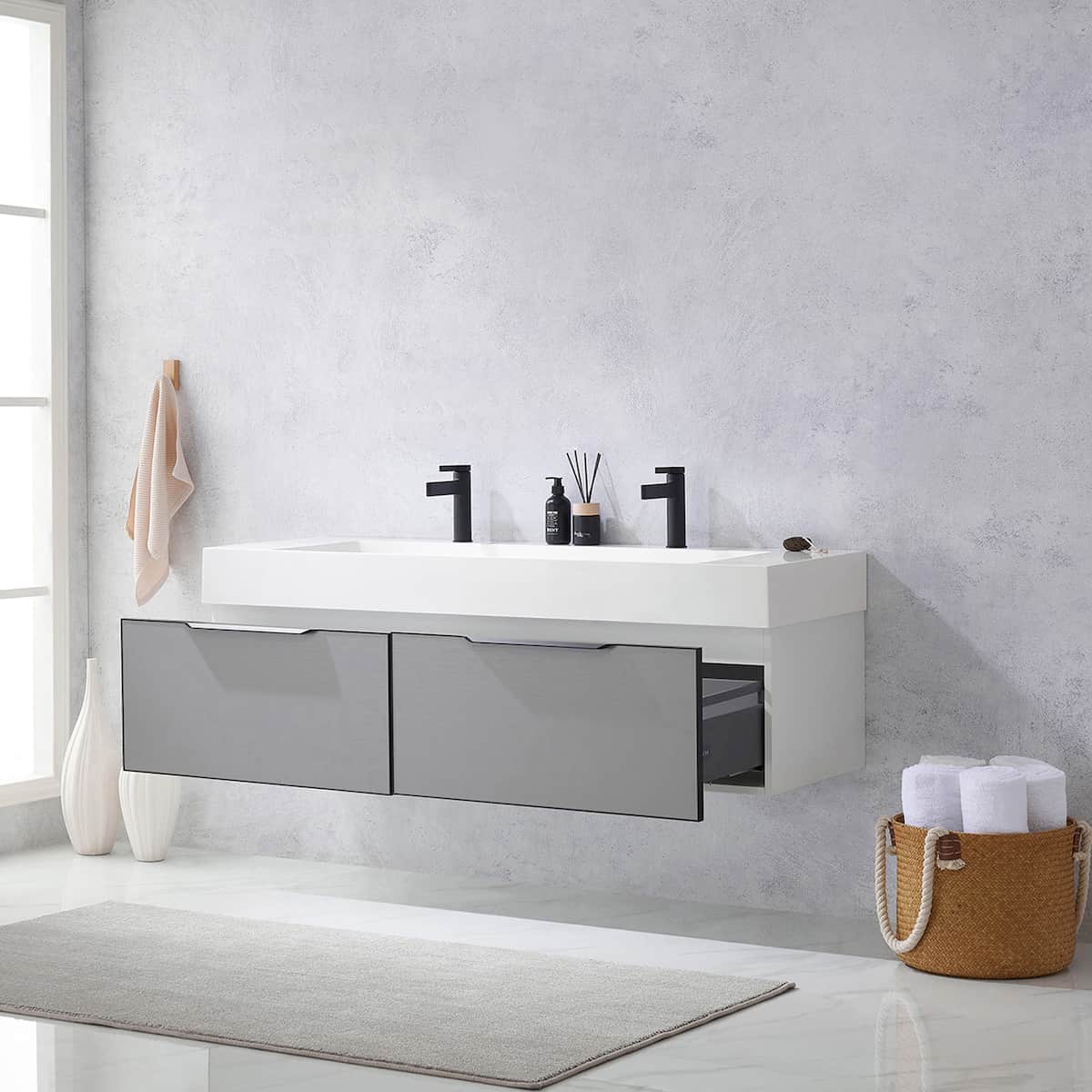 Vinnova Vegadeo 60 Inch Wall Mount Double Sink Bath Vanity in Elegant Grey Finish with White One-Piece Composite Stone Sink Top Without Mirror Drawers 703460-MG-WH-NM