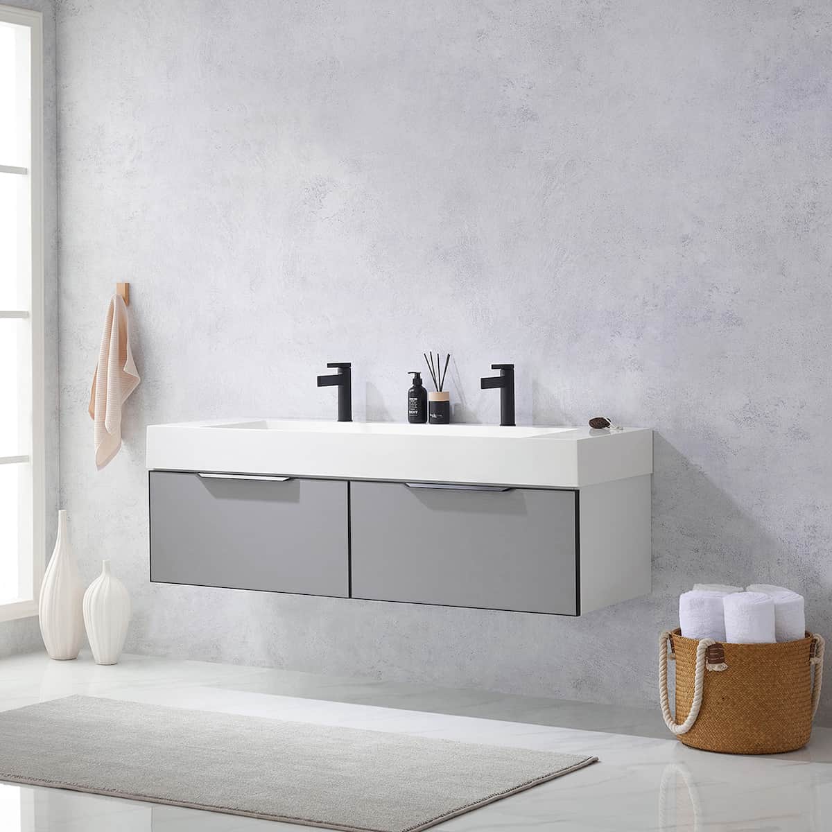 Vinnova Vegadeo 60 Inch Wall Mount Double Sink Bath Vanity in Elegant Grey Finish with White One-Piece Composite Stone Sink Top Without Mirror Side 703460-MG-WH-NM