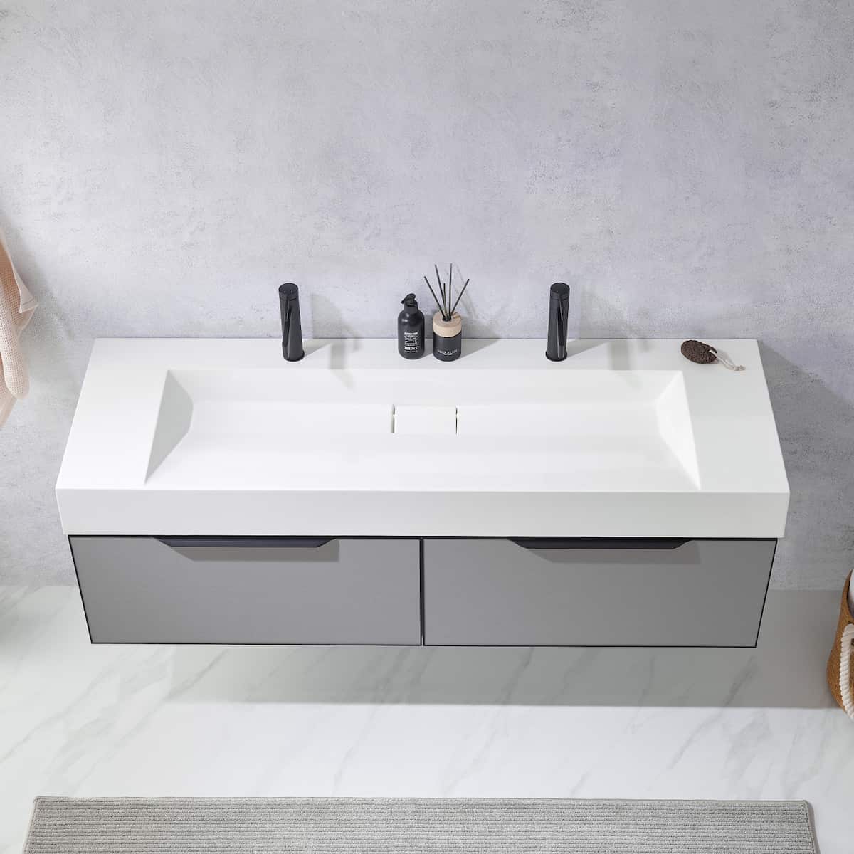 Vinnova Vegadeo 60 Inch Wall Mount Double Sink Bath Vanity in Elegant Grey Finish with White One-Piece Composite Stone Sink Top Without Mirror Sink 703460-MG-WH-NM