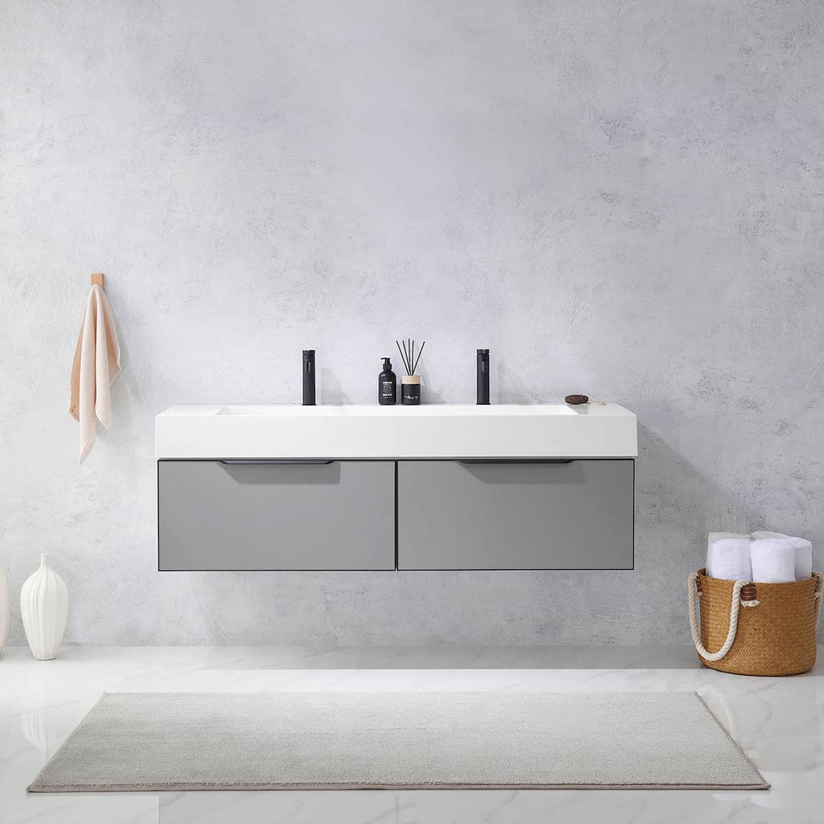 Vinnova Vegadeo 60 Inch Wall Mount Double Sink Bath Vanity in Elegant Grey Finish with White One-Piece Composite Stone Sink Top Without Mirror in Bathroom 703460-MG-WH-NM