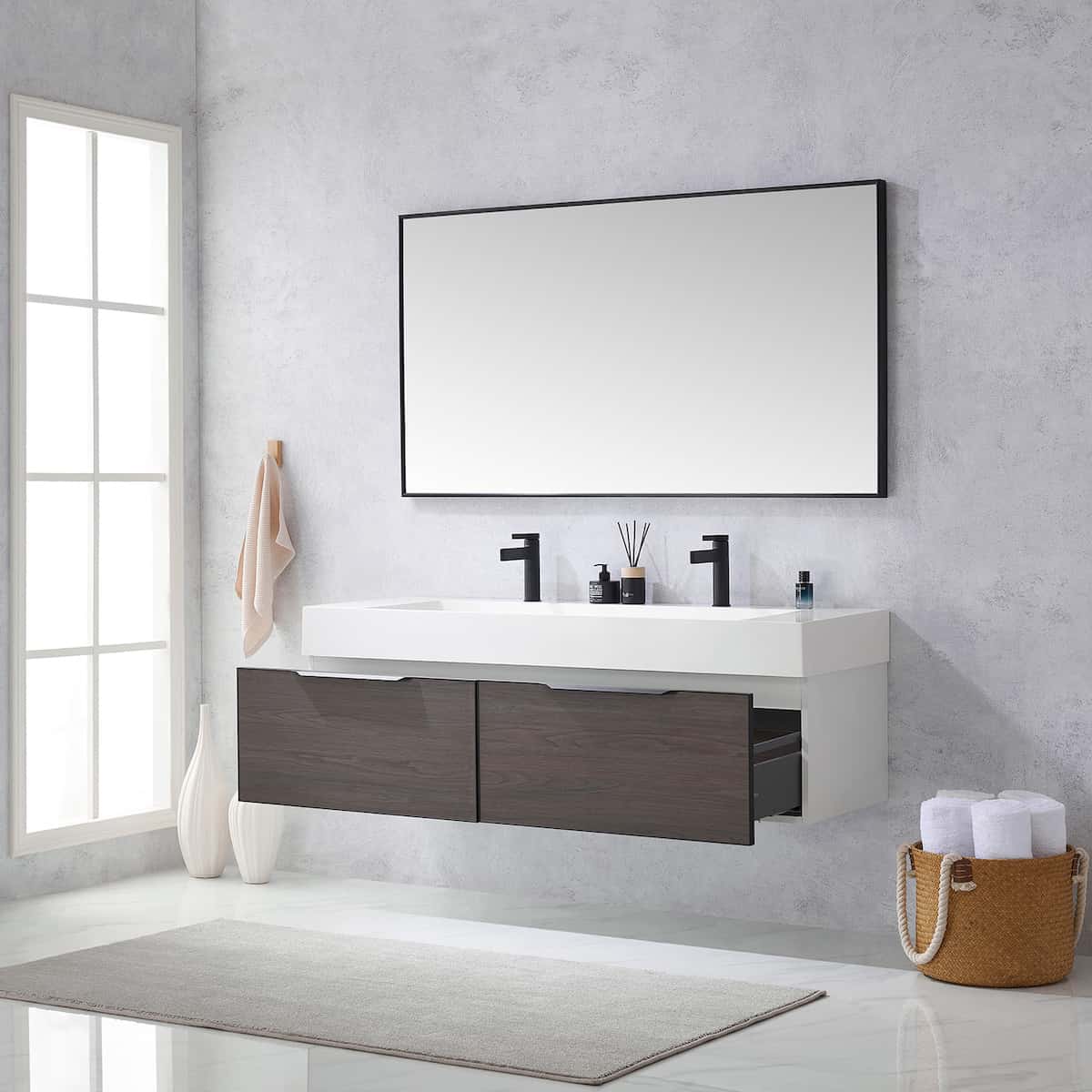 Vinnova Vegadeo Wall Mount Double Sink Bath Vanity with White One-Piece Composite Stone Sink Top 7034-WH