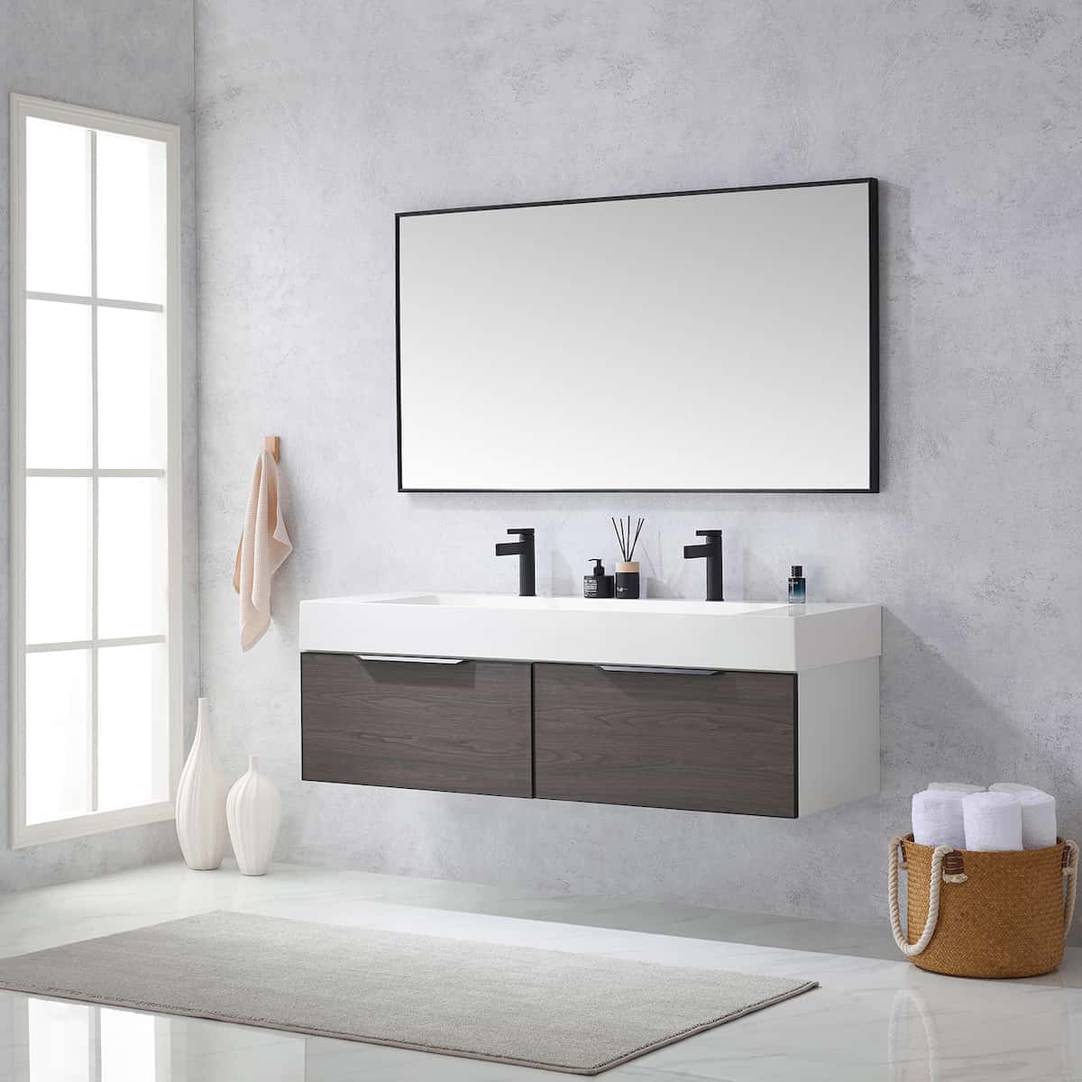 Vinnova Vegadeo 60 Inch Wall Mount Double Sink Bath Vanity in Suleiman Oak Finish with White One-Piece Composite Stone Sink Top With Mirror Side 703460-SO-WH