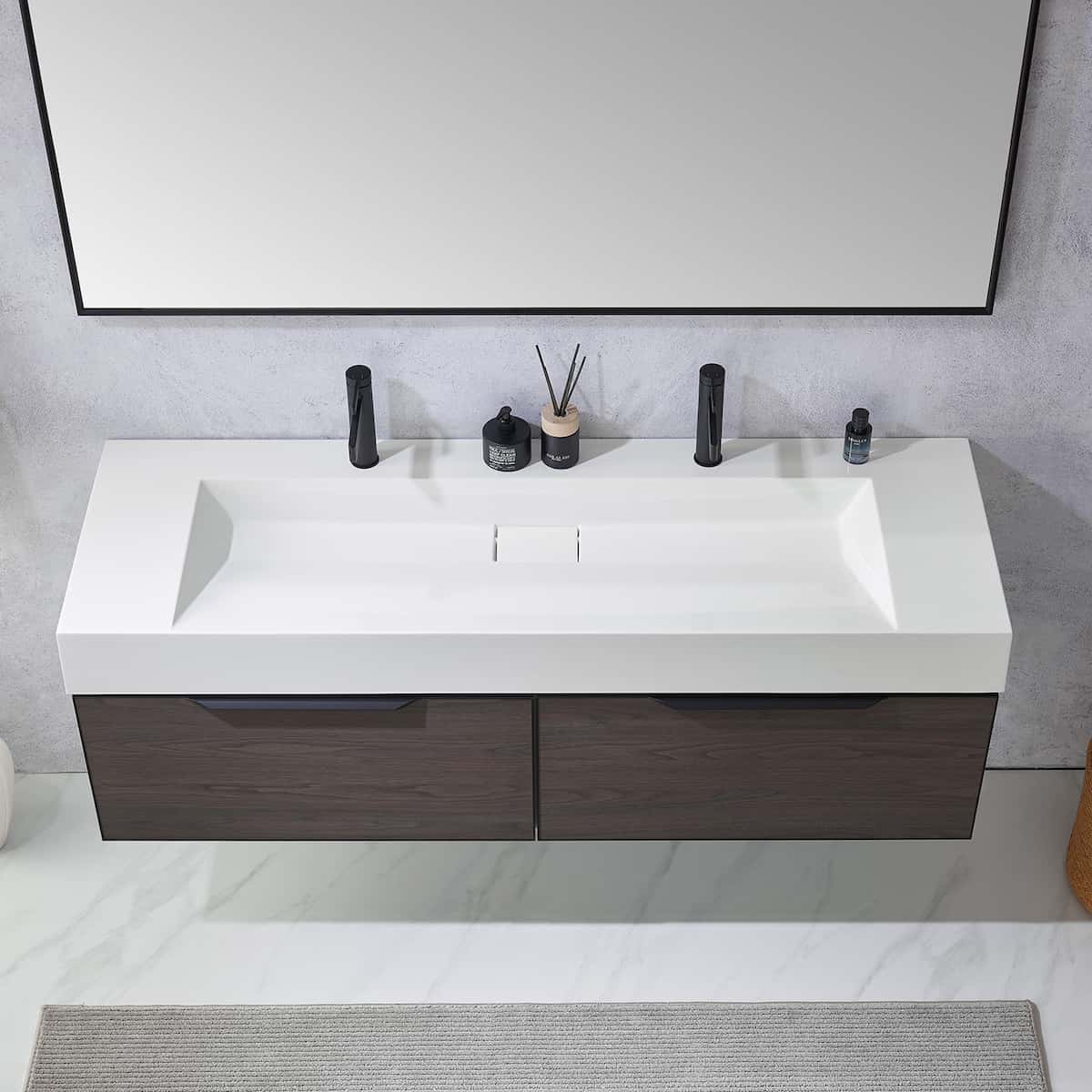 Vinnova Vegadeo 60 Inch Wall Mount Double Sink Bath Vanity in Suleiman Oak Finish with White One-Piece Composite Stone Sink Top With Mirror Sink 703460-SO-WH